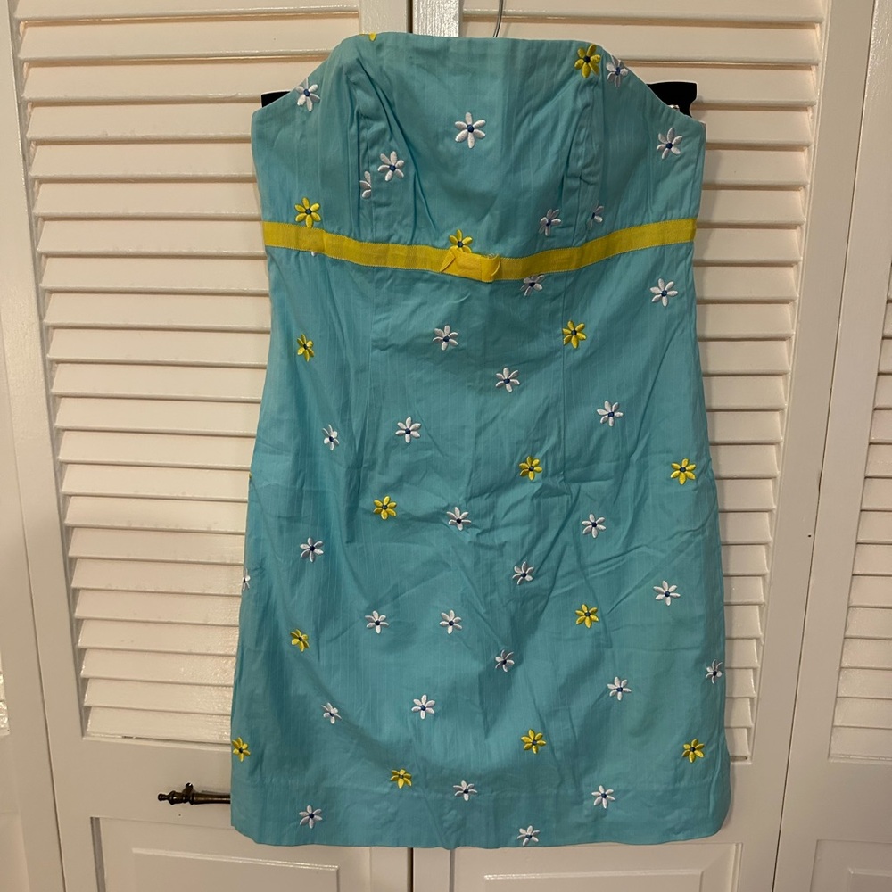 Vintage Lilly Pulitzer Blue Strapless Dress with Yellow and White Floral Accents